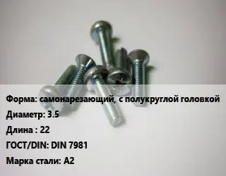 Винт самонарезающий, с полукруглой головкой 3.5х22 DIN 7981 Сталь: А2